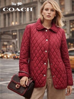 Coach Red Diamond Quilted Jacket Signature Lining Lightweight Classic Coat